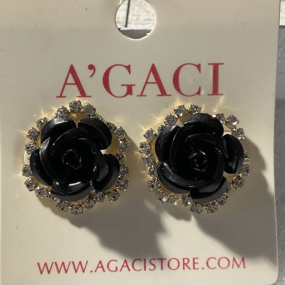 A'GACI Black Rose And Rhinestone Earrings Gothic Formal - Picture 1 of 3